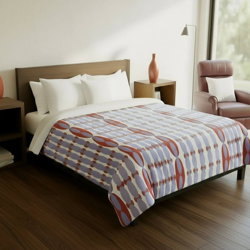 Create an image of a room with a Queen size bed made in dark wood minimalistic  headboard with a duvet and pillows with this design, Add 2 extra pillows in white to make it cozier. Place a bookshelf made of matching wood and a plant. Make the colors match. Make it look like a vanguardist modern home, very classy. Place a red vase on the shelf. Angle the view of the bed and show it from 30 degrees above close to see the duvet well. Make the room luminous. Depict the scale of the duvet as a king size with exa